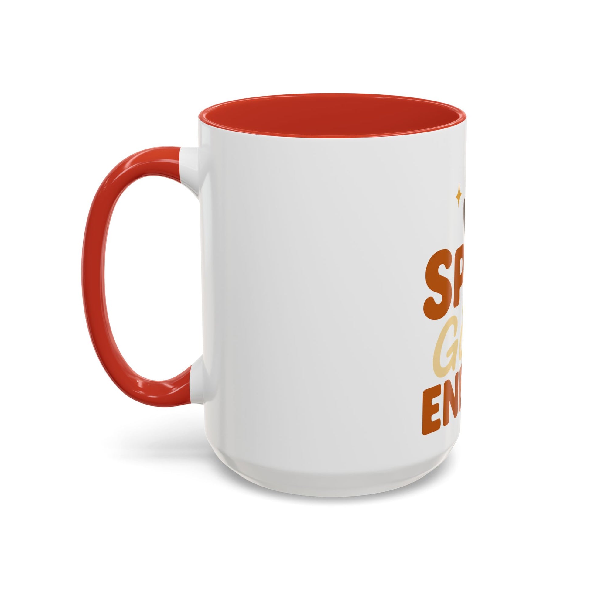 Right-side view of red “Spice Girl Energy” ceramic coffee mug — white 15 oz accent mug with bold red handle, ideal for cozy fall mornings.