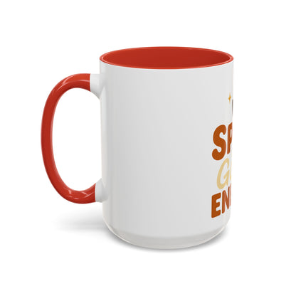 Right-side view of red “Spice Girl Energy” ceramic coffee mug — white 15 oz accent mug with bold red handle, ideal for cozy fall mornings.