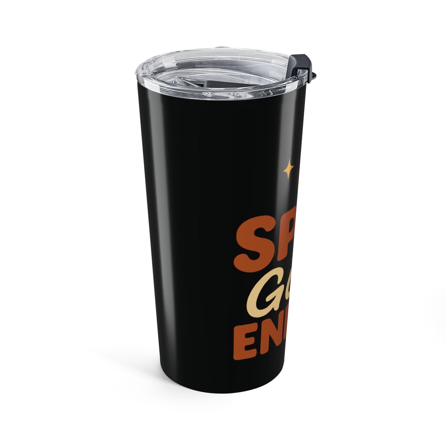 Angled front view of black “Spice Girl Energy” stainless steel tumbler with lid, modern autumn drinkware mockup.