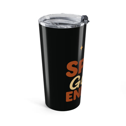 Angled front view of black “Spice Girl Energy” stainless steel tumbler with lid, modern autumn drinkware mockup.