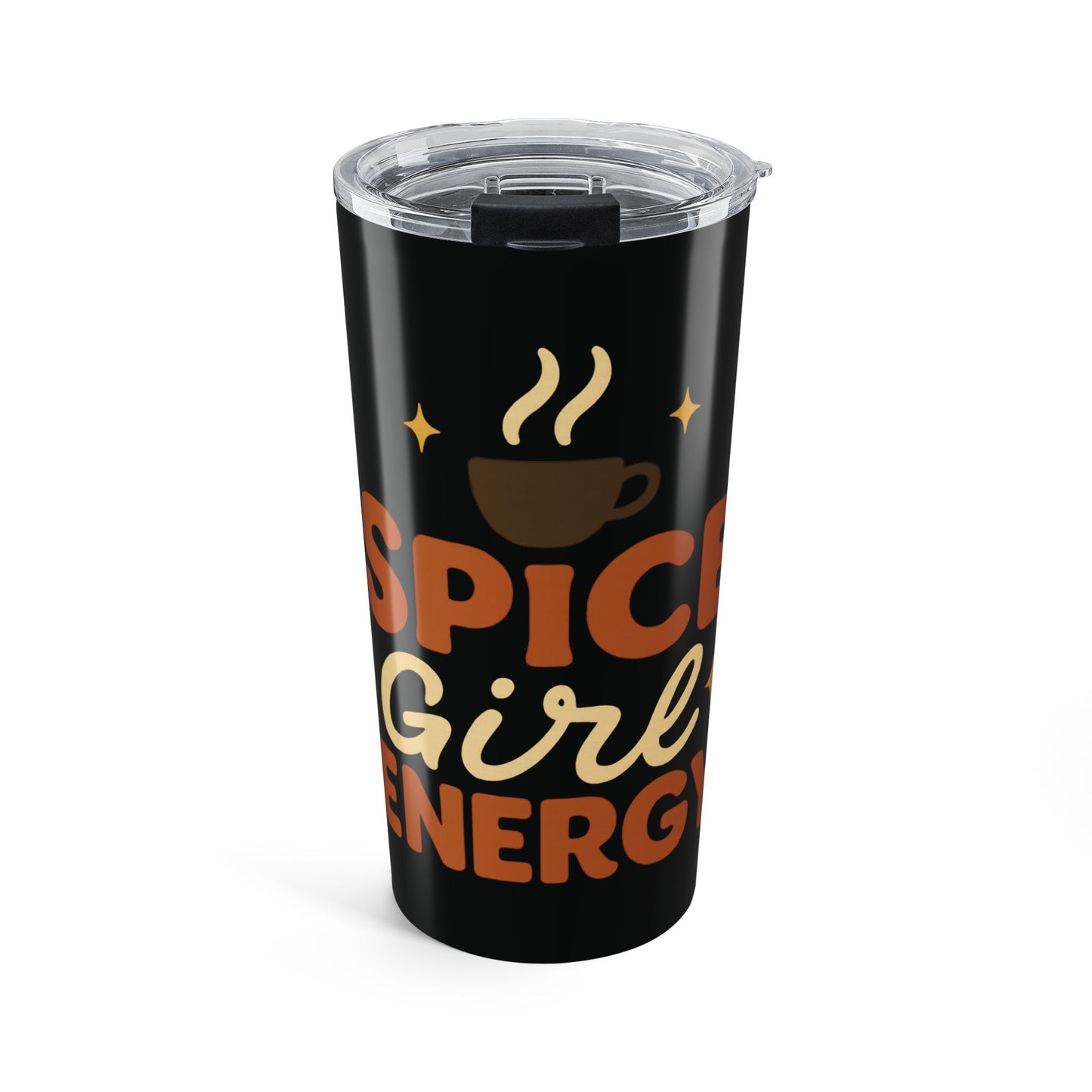 Black “Spice Girl Energy” tumbler with coffee cup and steam design, stainless steel travel mug – Makin’ It By Lady Ev fall drinkware.