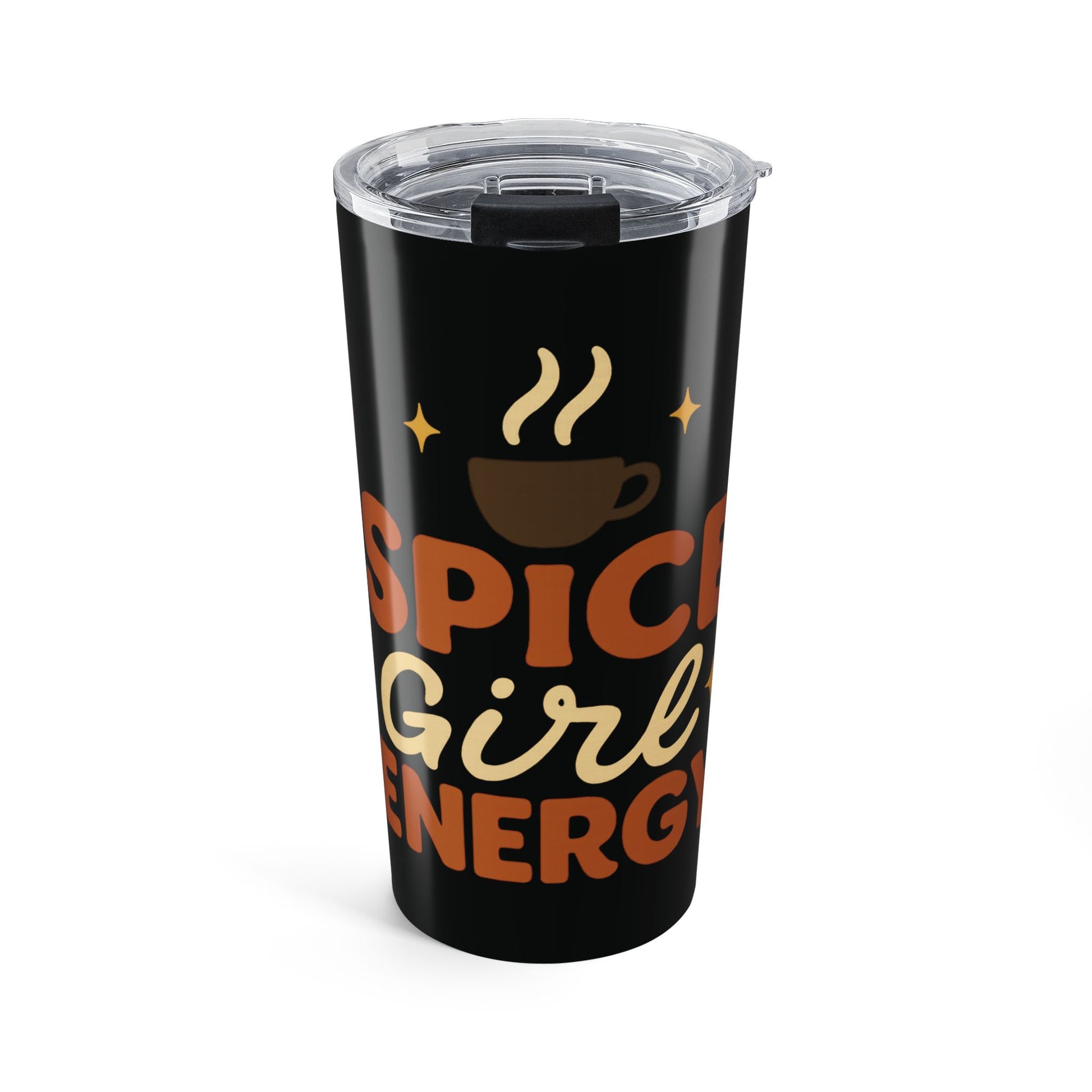 Black “Spice Girl Energy” tumbler with coffee cup and steam design, stainless steel travel mug – Makin’ It By Lady Ev fall drinkware.