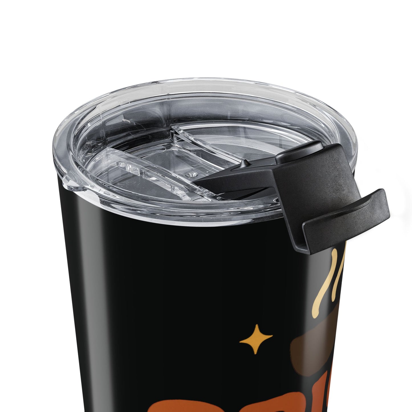 Close-up of clear spill-resistant lid on black “Spice Girl Energy” tumbler showing snap closure detail.