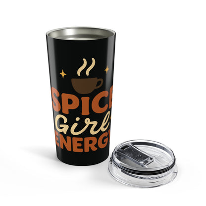 “Spice Girl Energy” black stainless steel tumbler displayed with removable clear lid beside it – cozy fall aesthetic.