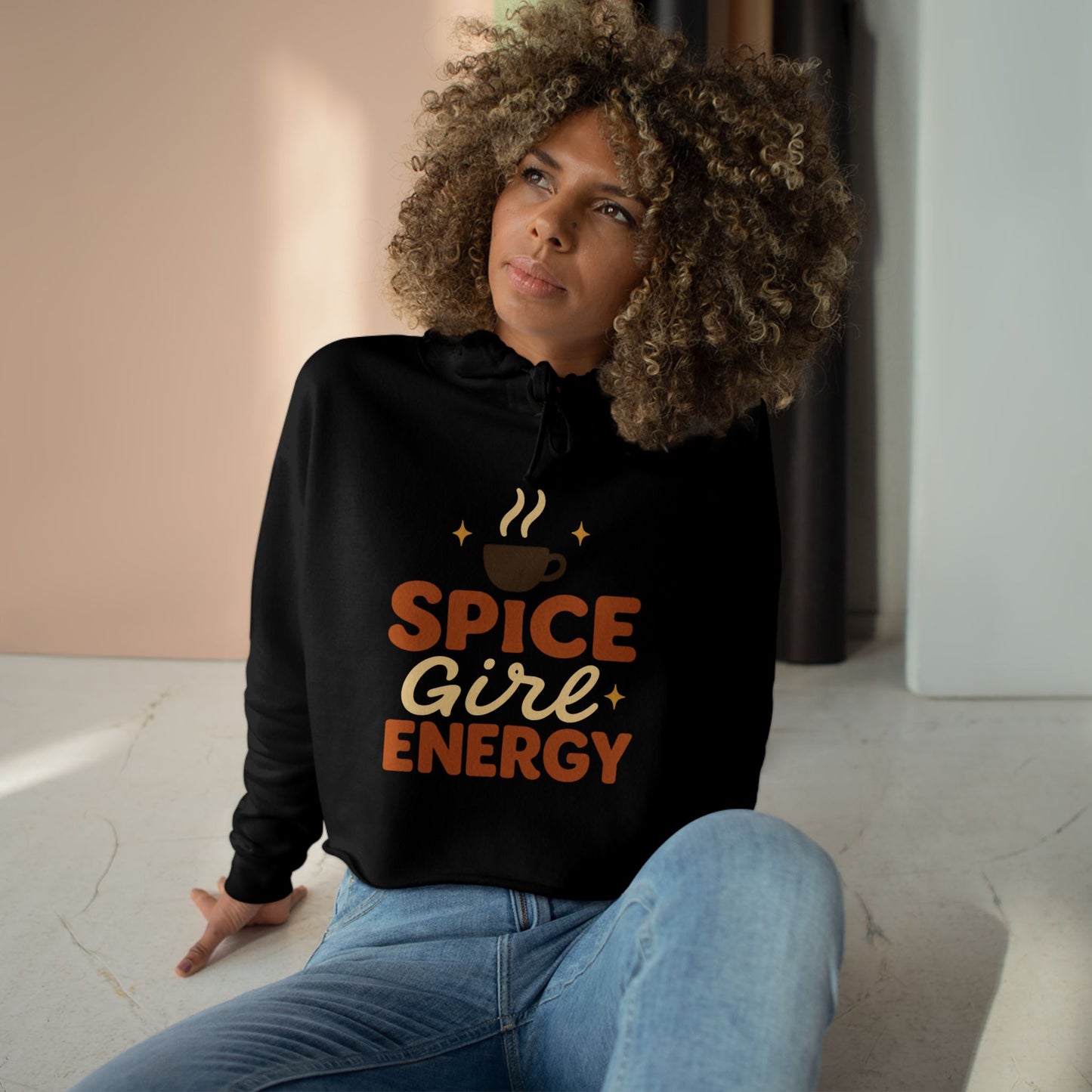 Black “Spice Girl Energy” cropped hoodie — cozy fall sweatshirt featuring retro coffee cup design in warm pumpkin tones, perfect for pumpkin spice season.