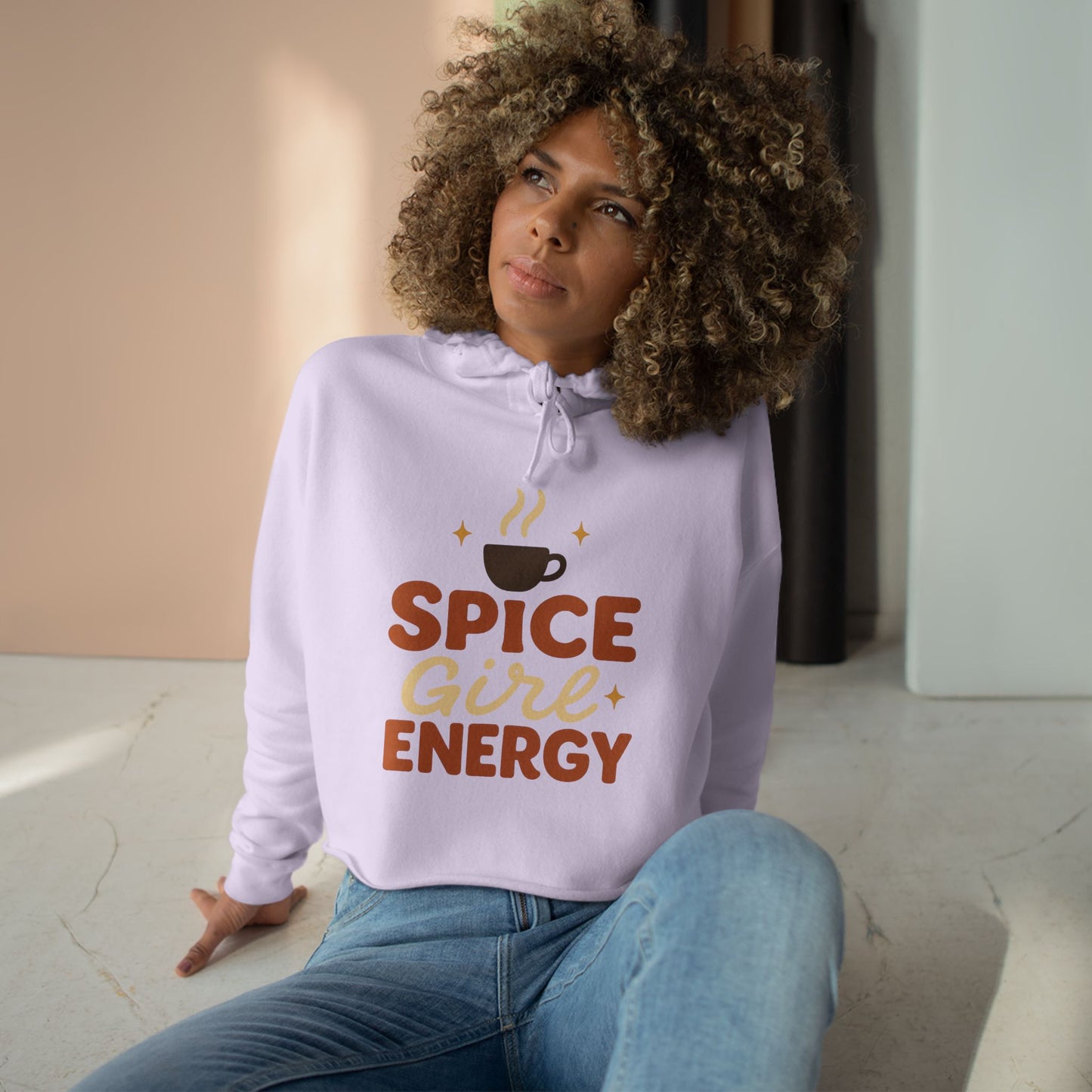 Lilac purple “Spice Girl Energy” cropped hoodie — feminine cozy hoodie with coffee-inspired fall design, soft pastel streetwear for autumn comfort.