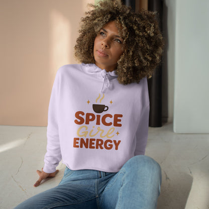 Lilac purple “Spice Girl Energy” cropped hoodie — feminine cozy hoodie with coffee-inspired fall design, soft pastel streetwear for autumn comfort.
