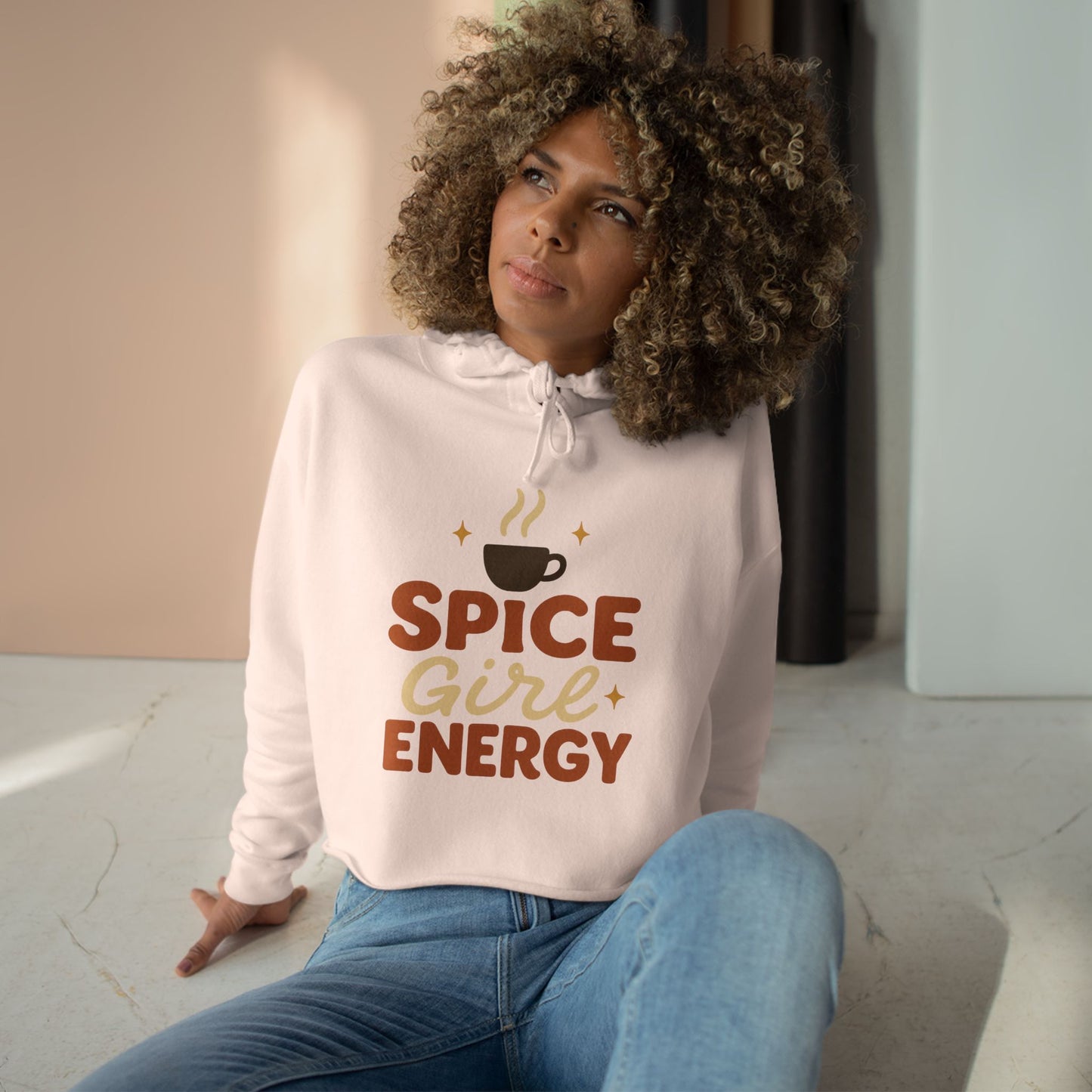 Pale pink “Spice Girl Energy” cropped hoodie — feminine cozy fall sweatshirt with retro pumpkin spice lettering and coffee cup design.