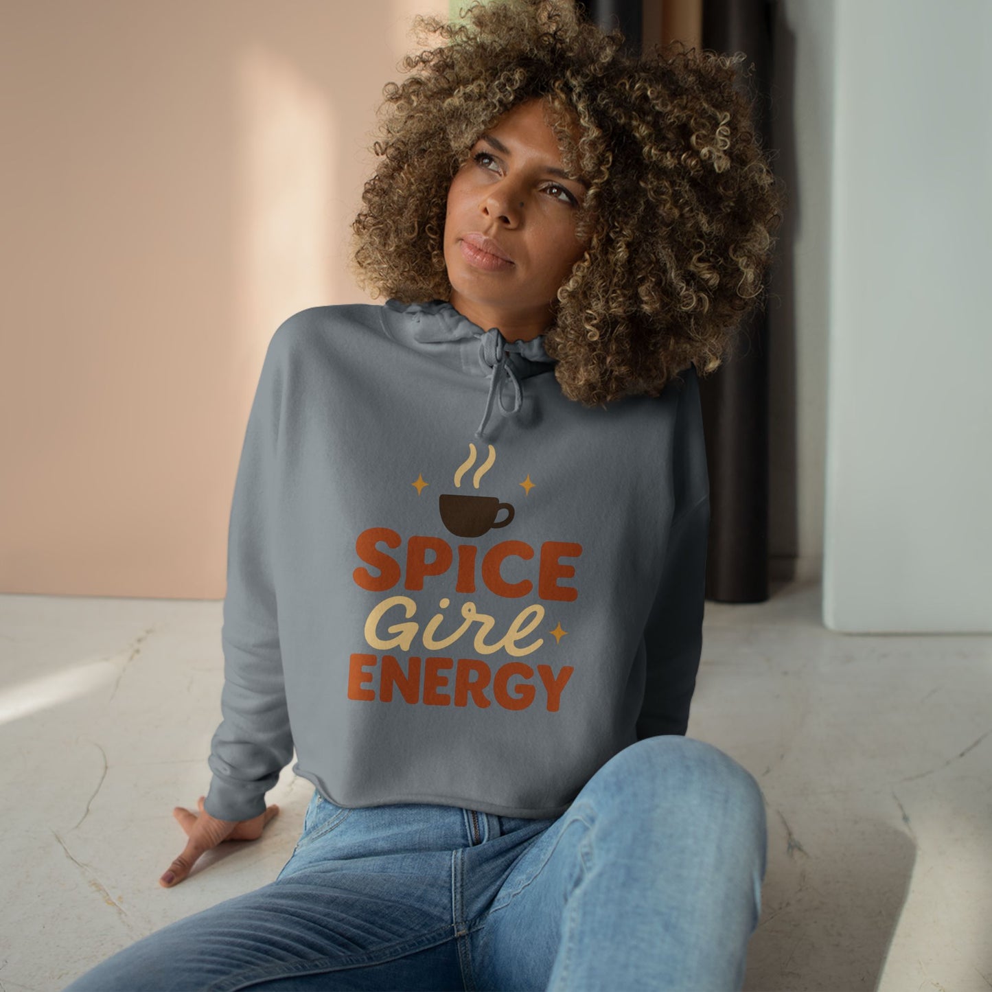 Storm gray “Spice Girl Energy” cropped hoodie — cozy fall sweatshirt featuring warm retro lettering and coffee cup design, perfect for pumpkin spice season.