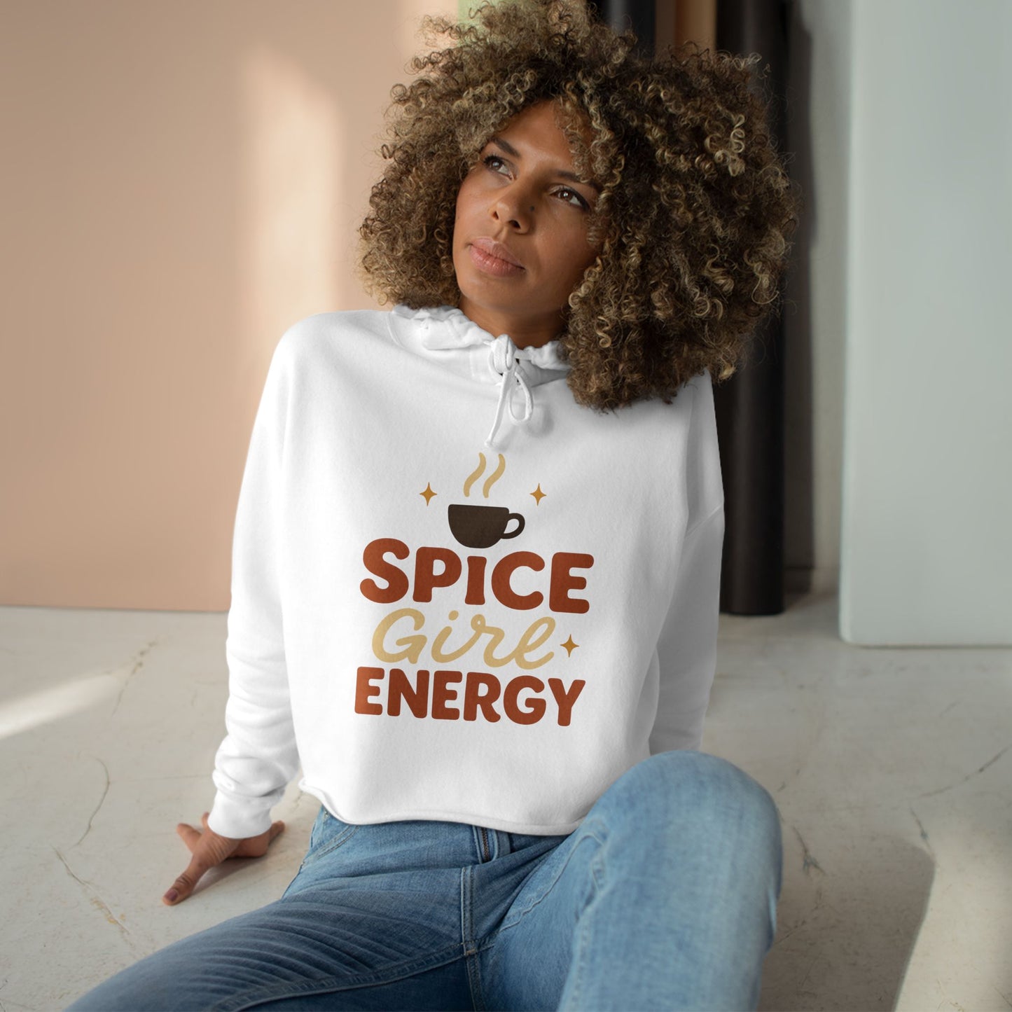 White “Spice Girl Energy” cropped hoodie — cozy autumn sweatshirt featuring warm-toned coffee cup and retro fall lettering for pumpkin spice lovers.