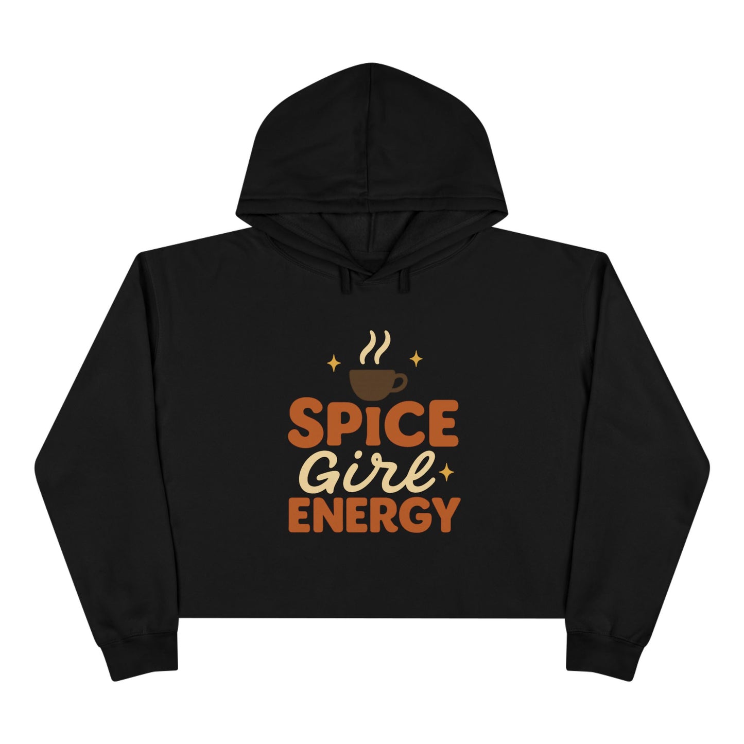Black “Spice Girl Energy” cropped hoodie — bold fall hoodie with retro lettering and warm coffee design, perfect for autumn fashion lovers.