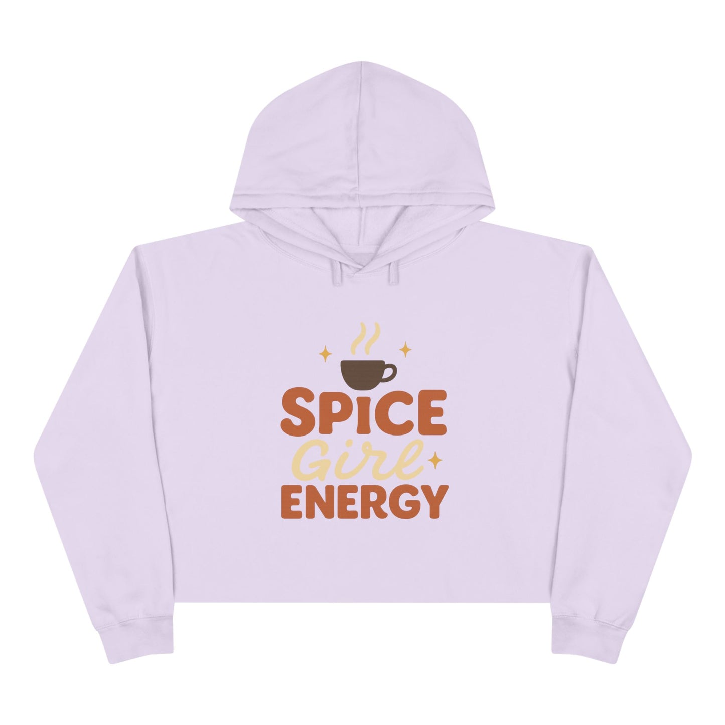 Lilac “Spice Girl Energy” cropped hoodie — soft pastel hoodie with retro fall lettering and coffee cup graphic for pumpkin spice season.