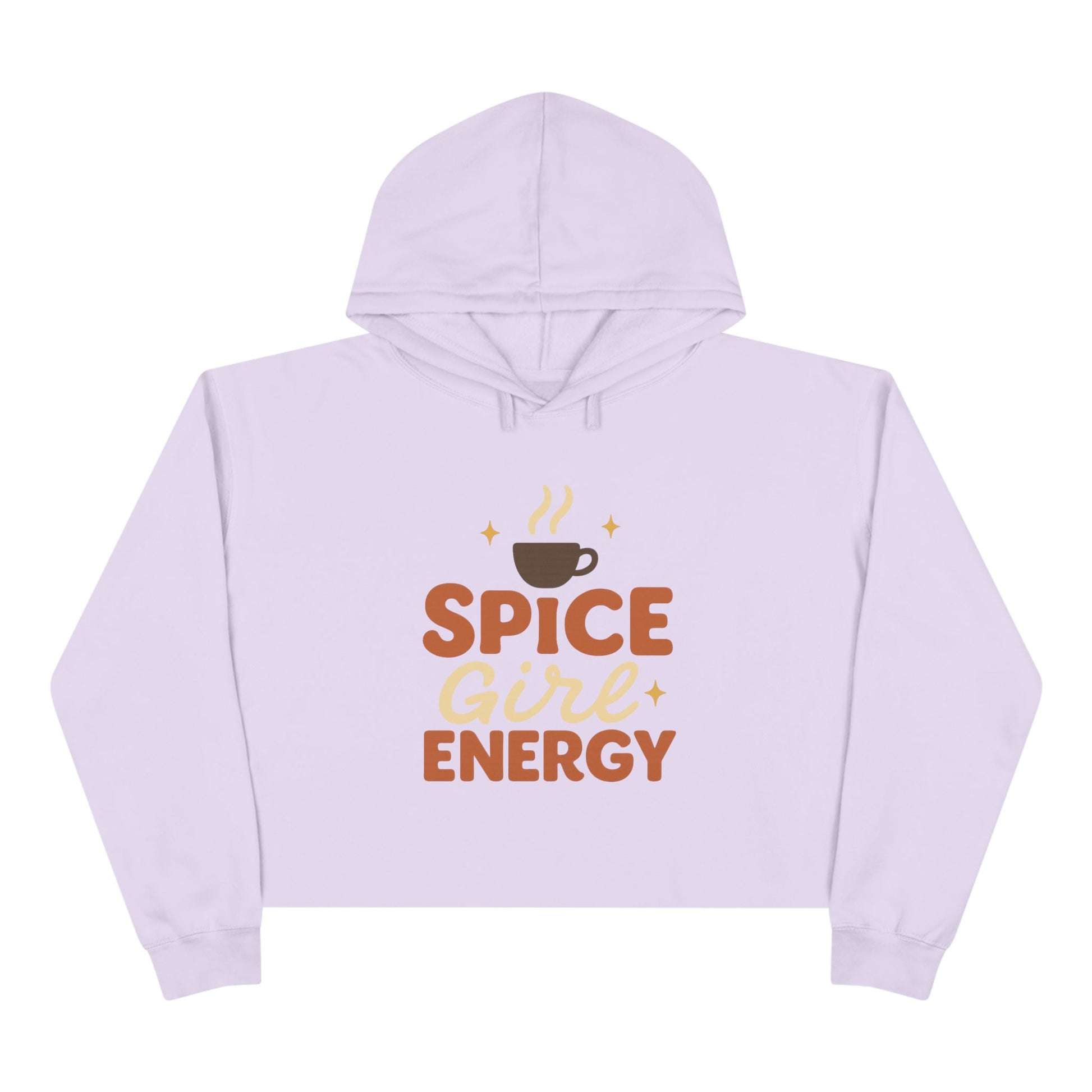 Lilac “Spice Girl Energy” cropped hoodie — soft pastel hoodie with retro fall lettering and coffee cup graphic for pumpkin spice season.