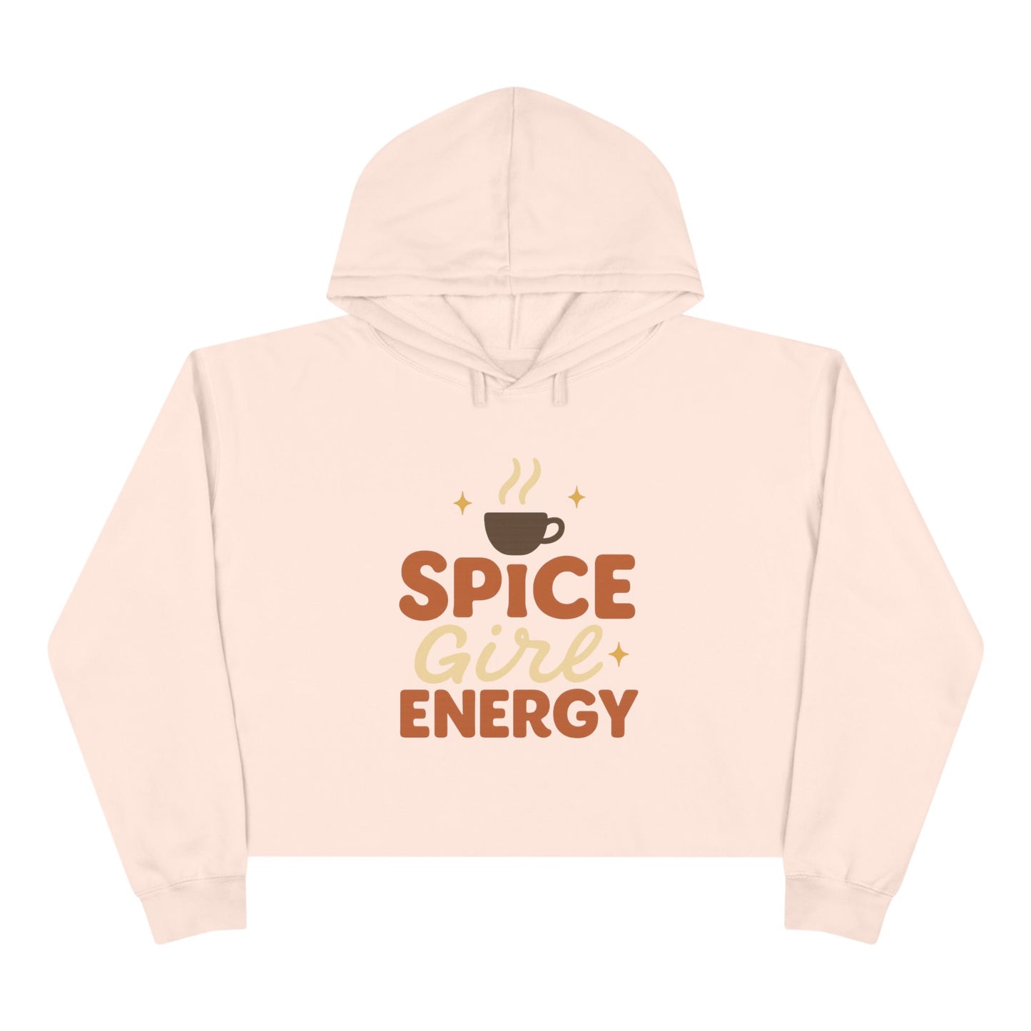 Pale pink “Spice Girl Energy” cropped hoodie — feminine cozy sweatshirt with warm fall colors and retro pumpkin spice coffee cup design.