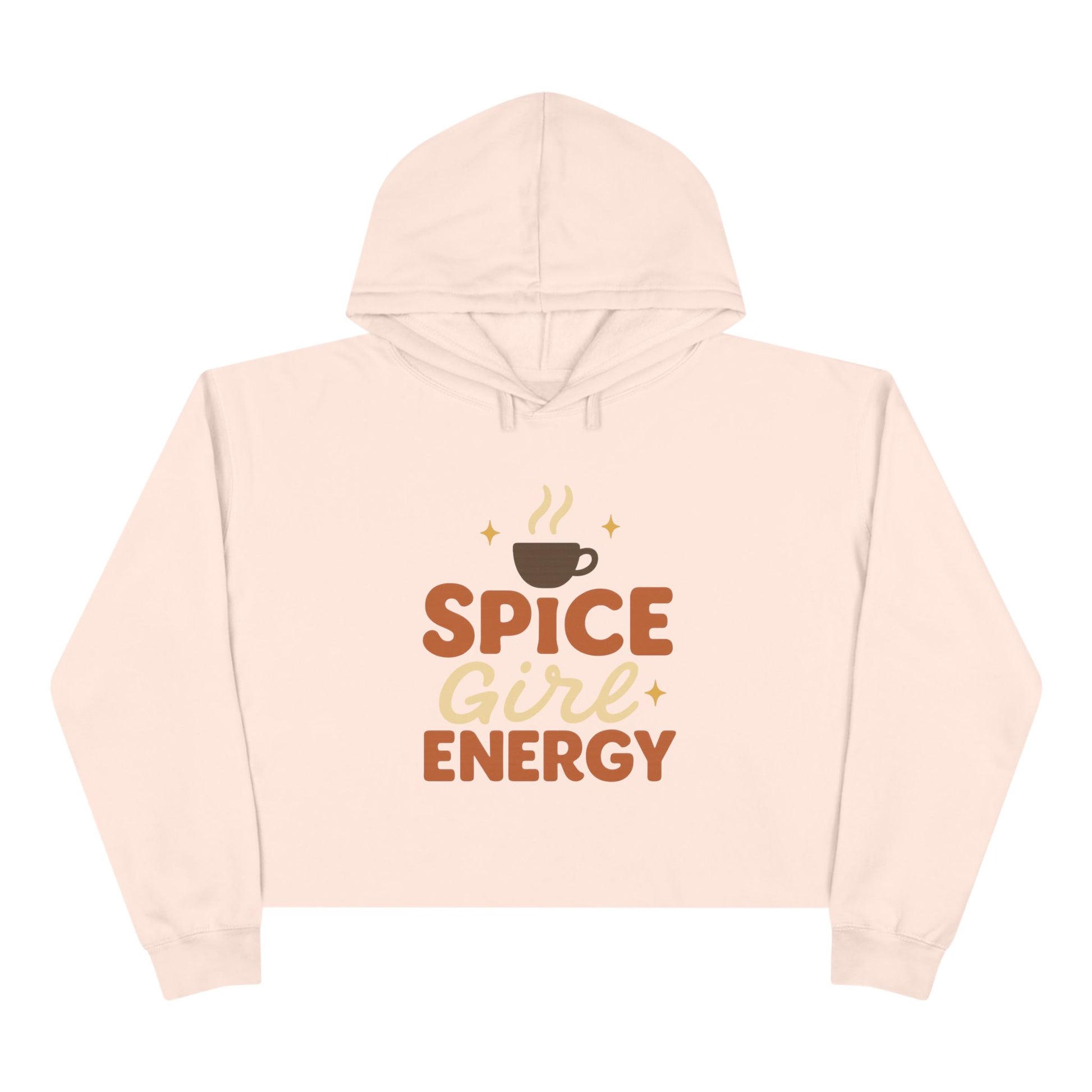 Pale pink “Spice Girl Energy” cropped hoodie — feminine cozy sweatshirt with warm fall colors and retro pumpkin spice coffee cup design.