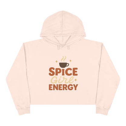 Pale pink “Spice Girl Energy” cropped hoodie — feminine cozy sweatshirt with warm fall colors and retro pumpkin spice coffee cup design.