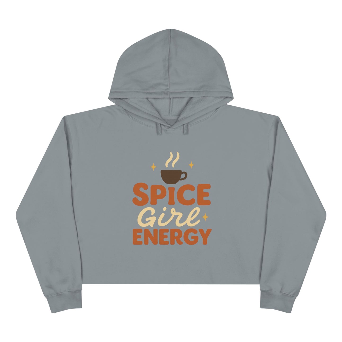 Storm gray “Spice Girl Energy” cropped hoodie — minimalist fall hoodie with warm retro print for cozy autumn mornings and coffee lovers.