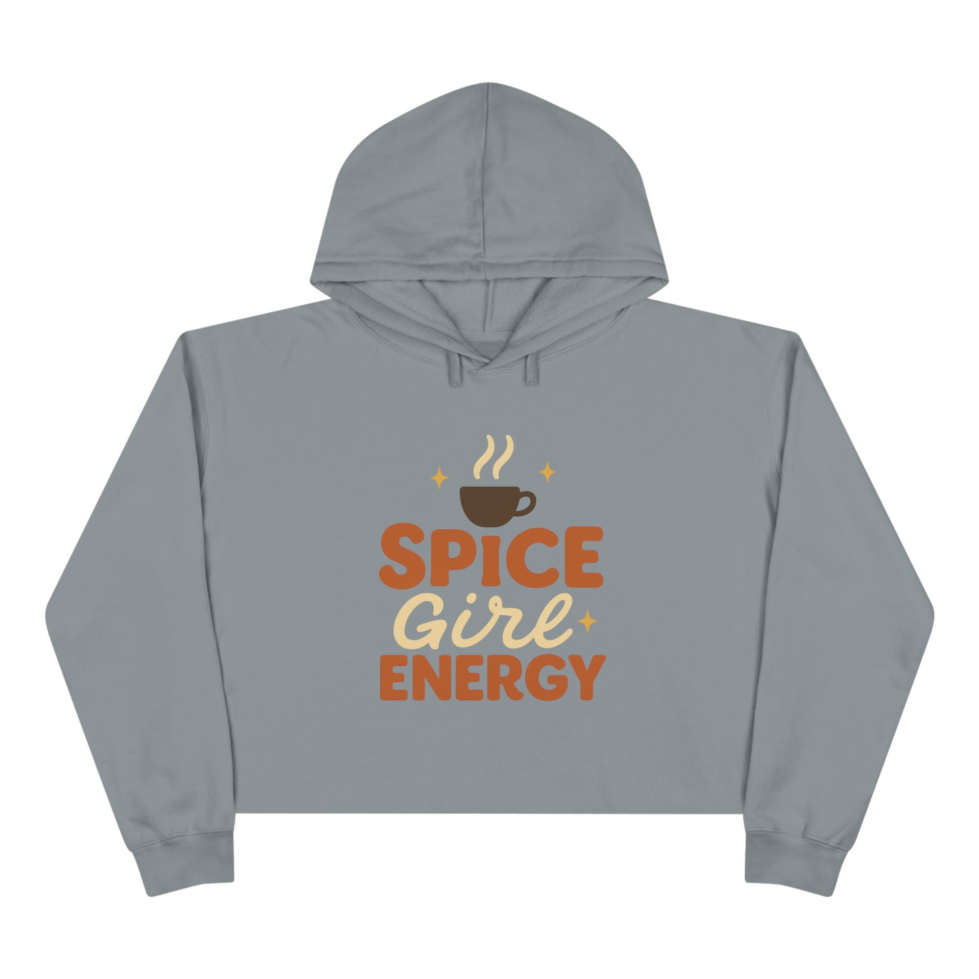 Storm gray “Spice Girl Energy” cropped hoodie — minimalist fall hoodie with warm retro print for cozy autumn mornings and coffee lovers.