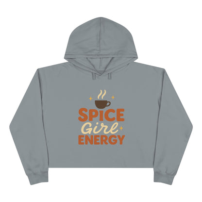 Storm gray “Spice Girl Energy” cropped hoodie — minimalist fall hoodie with warm retro print for cozy autumn mornings and coffee lovers.