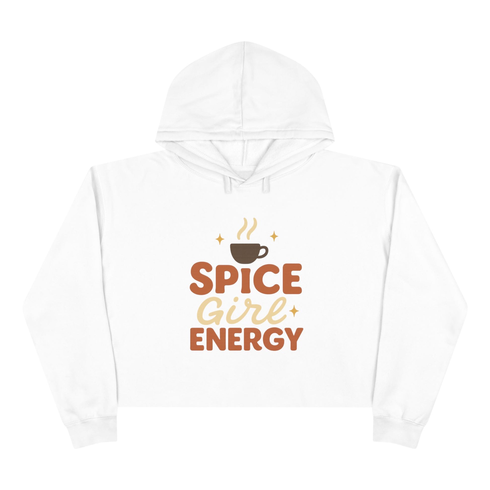 White “Spice Girl Energy” cropped hoodie — cozy fall sweatshirt featuring retro coffee cup design and pumpkin spice aesthetic for coffee lovers.