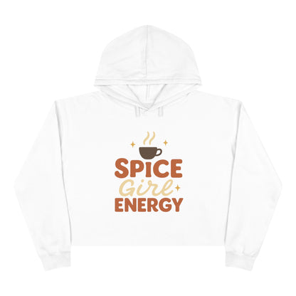 White “Spice Girl Energy” cropped hoodie — cozy fall sweatshirt featuring retro coffee cup design and pumpkin spice aesthetic for coffee lovers.