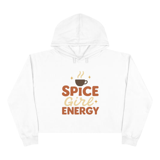 White “Spice Girl Energy” cropped hoodie — cozy fall sweatshirt featuring retro coffee cup design and pumpkin spice aesthetic for coffee lovers.