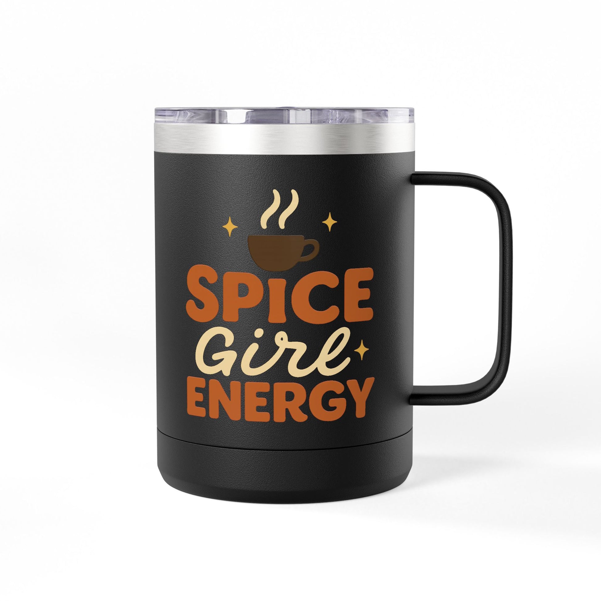 Black insulated coffee mug with “Spice Girl Energy” design — modern stainless steel fall mug with retro orange and cream lettering.