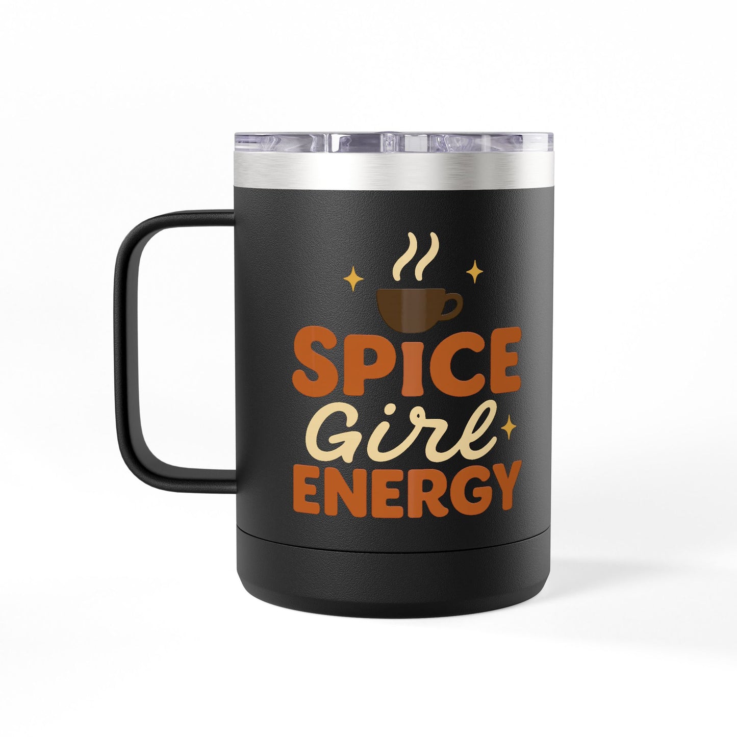 Front-facing black “Spice Girl Energy” insulated mug featuring steaming cup icon — cozy reusable mug for daily caffeine lovers.