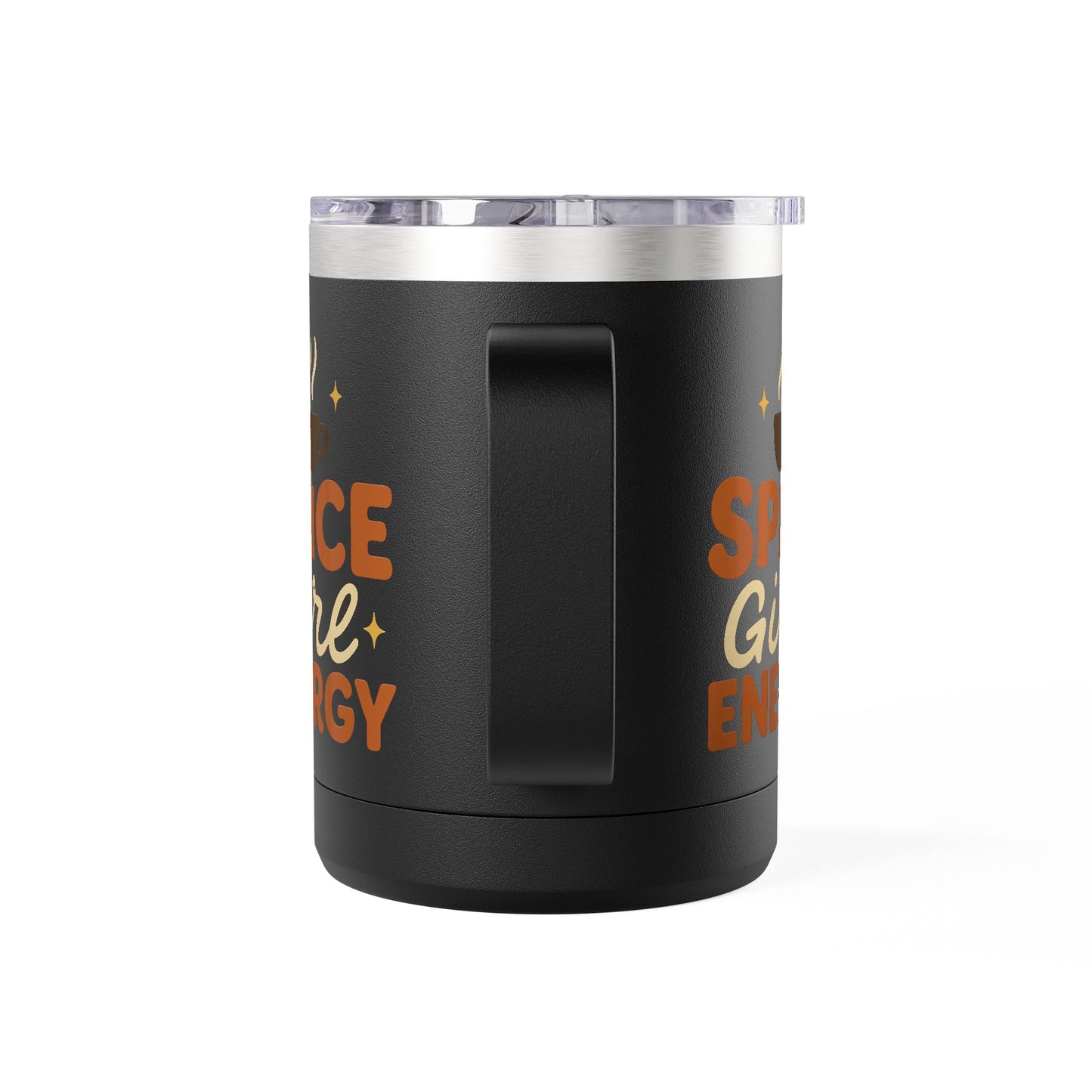 Side view of black “Spice Girl Energy” insulated mug showing handle and warm-toned design — durable stainless steel coffee mug.