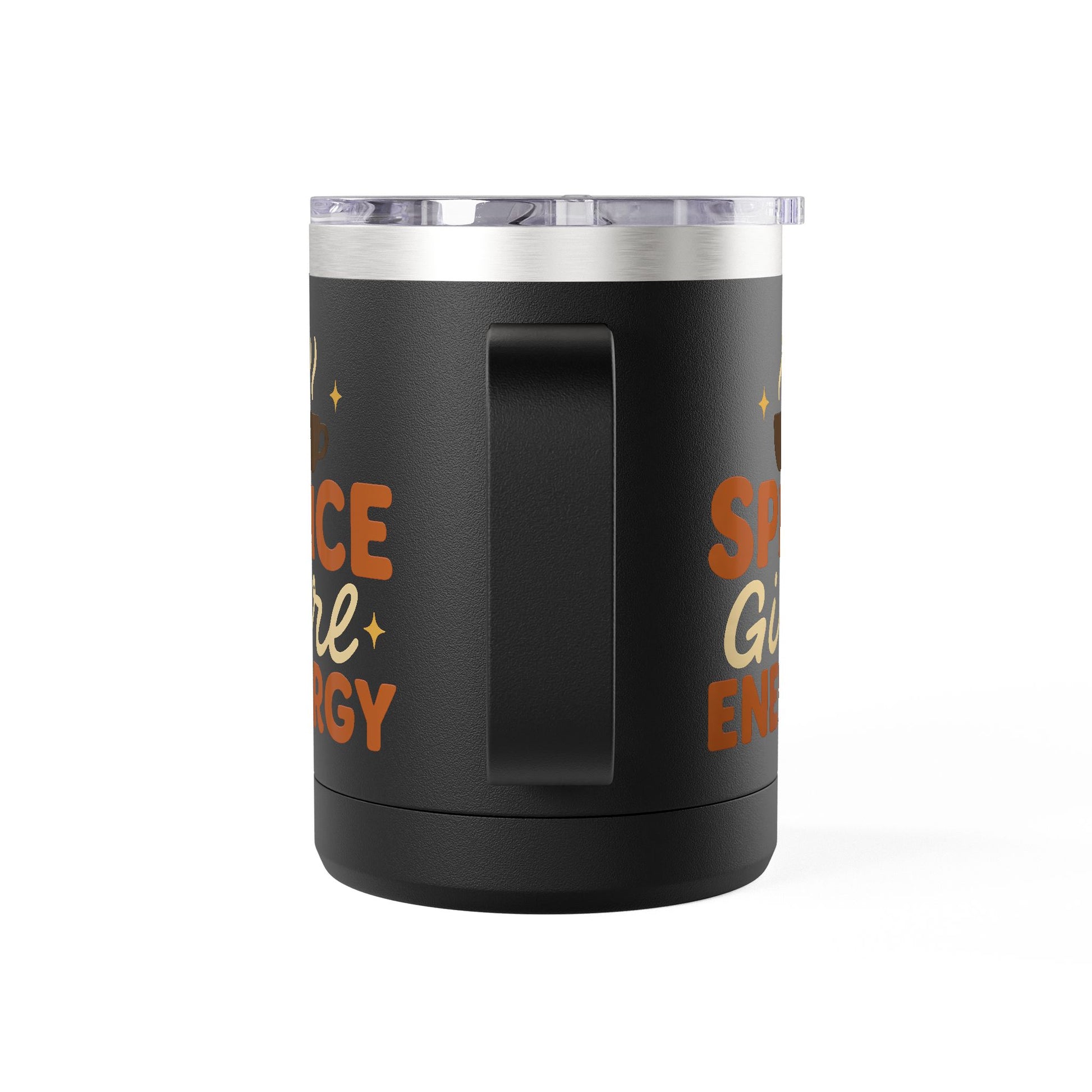 Side view of black “Spice Girl Energy” insulated mug showing handle and warm-toned design — durable stainless steel coffee mug.