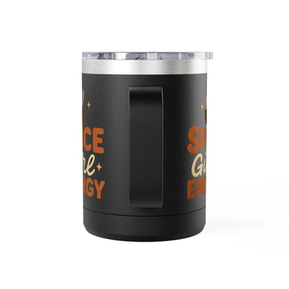 Side view of black “Spice Girl Energy” insulated mug showing handle and warm-toned design — durable stainless steel coffee mug.