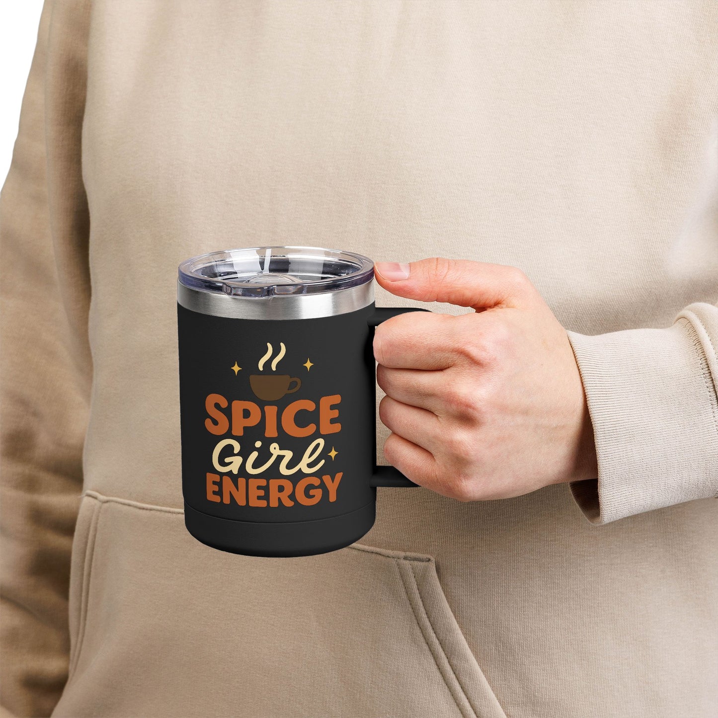 Person holding black “Spice Girl Energy” insulated mug — sleek fall coffee cup for lattes, teas, and pumpkin spice mornings.