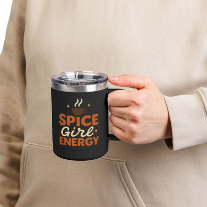 Person holding black “Spice Girl Energy” insulated mug — sleek fall coffee cup for lattes, teas, and pumpkin spice mornings.