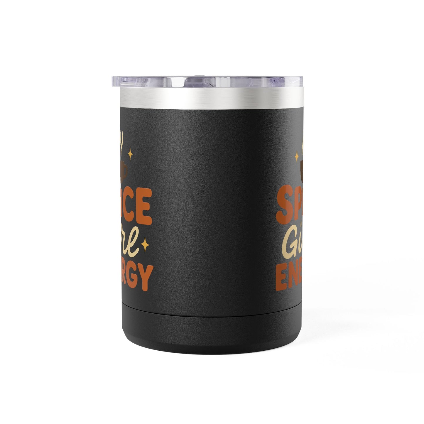 Black insulated coffee mug with “Spice Girl Energy” design — modern stainless steel fall mug with retro orange and cream lettering.