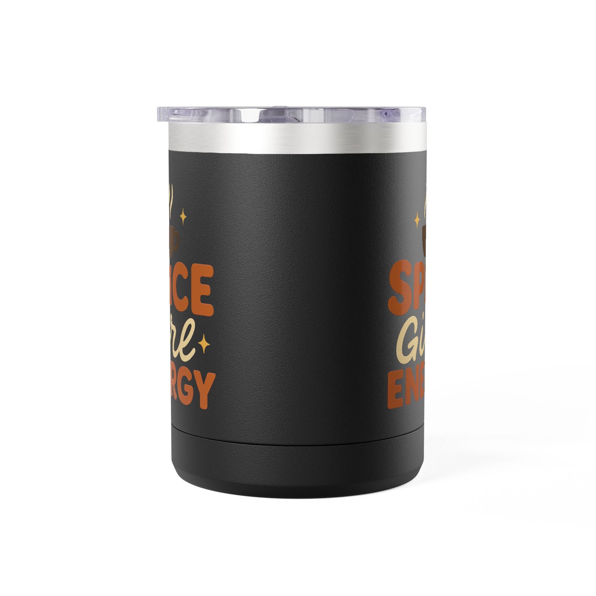 Black insulated coffee mug with “Spice Girl Energy” design — modern stainless steel fall mug with retro orange and cream lettering.