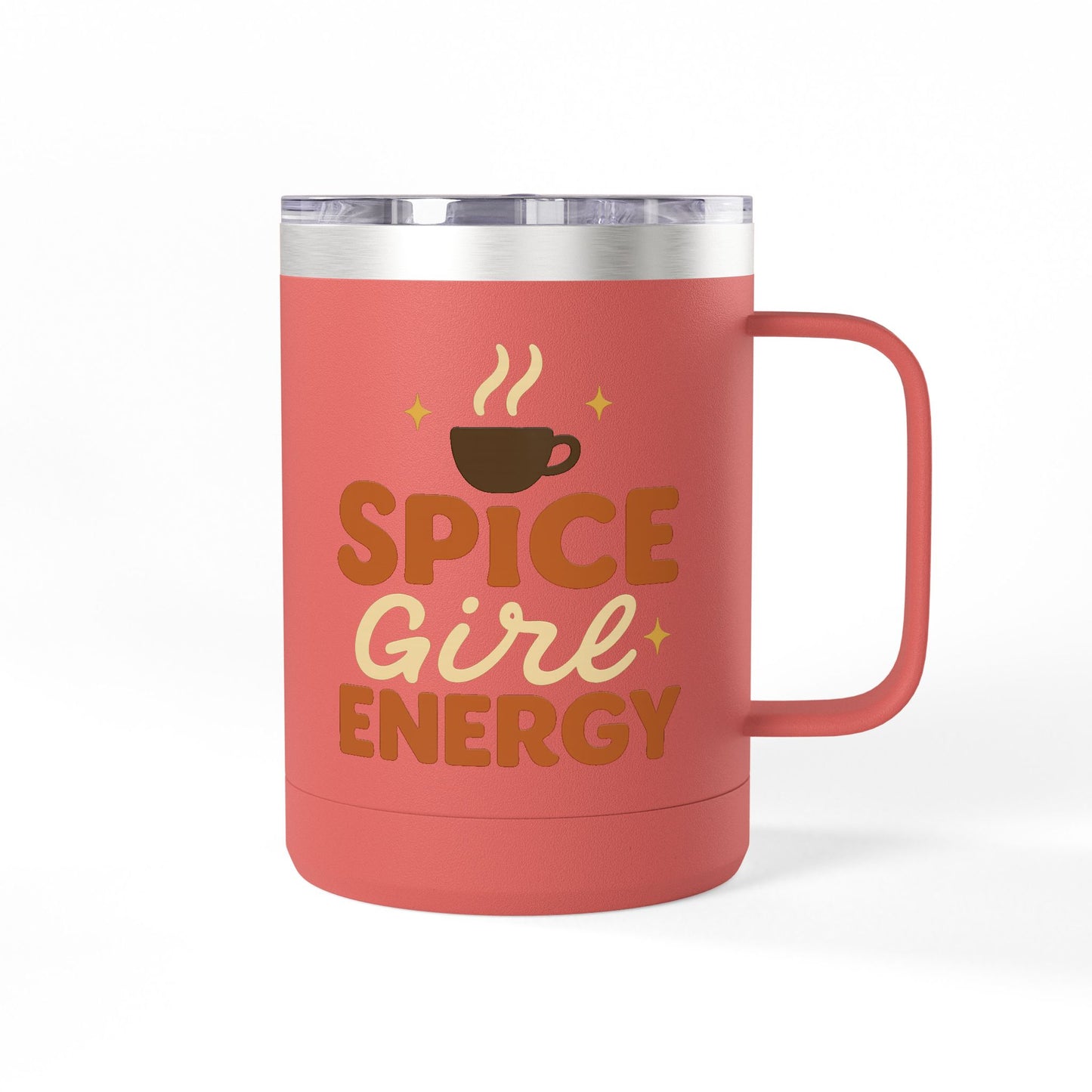 Coral insulated coffee mug with “Spice Girl Energy” design — cozy stainless steel mug featuring a steaming cup and retro fall lettering.