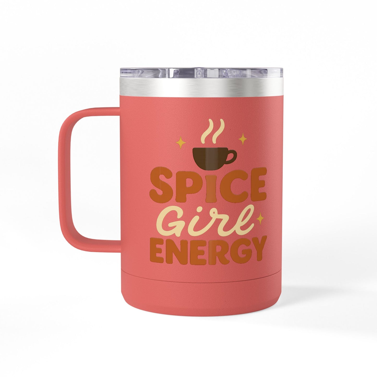 Front-facing coral “Spice Girl Energy” insulated mug with coffee icon — stainless steel coffee mug for cozy fall mornings.