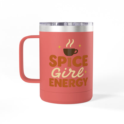 Front-facing coral “Spice Girl Energy” insulated mug with coffee icon — stainless steel coffee mug for cozy fall mornings.