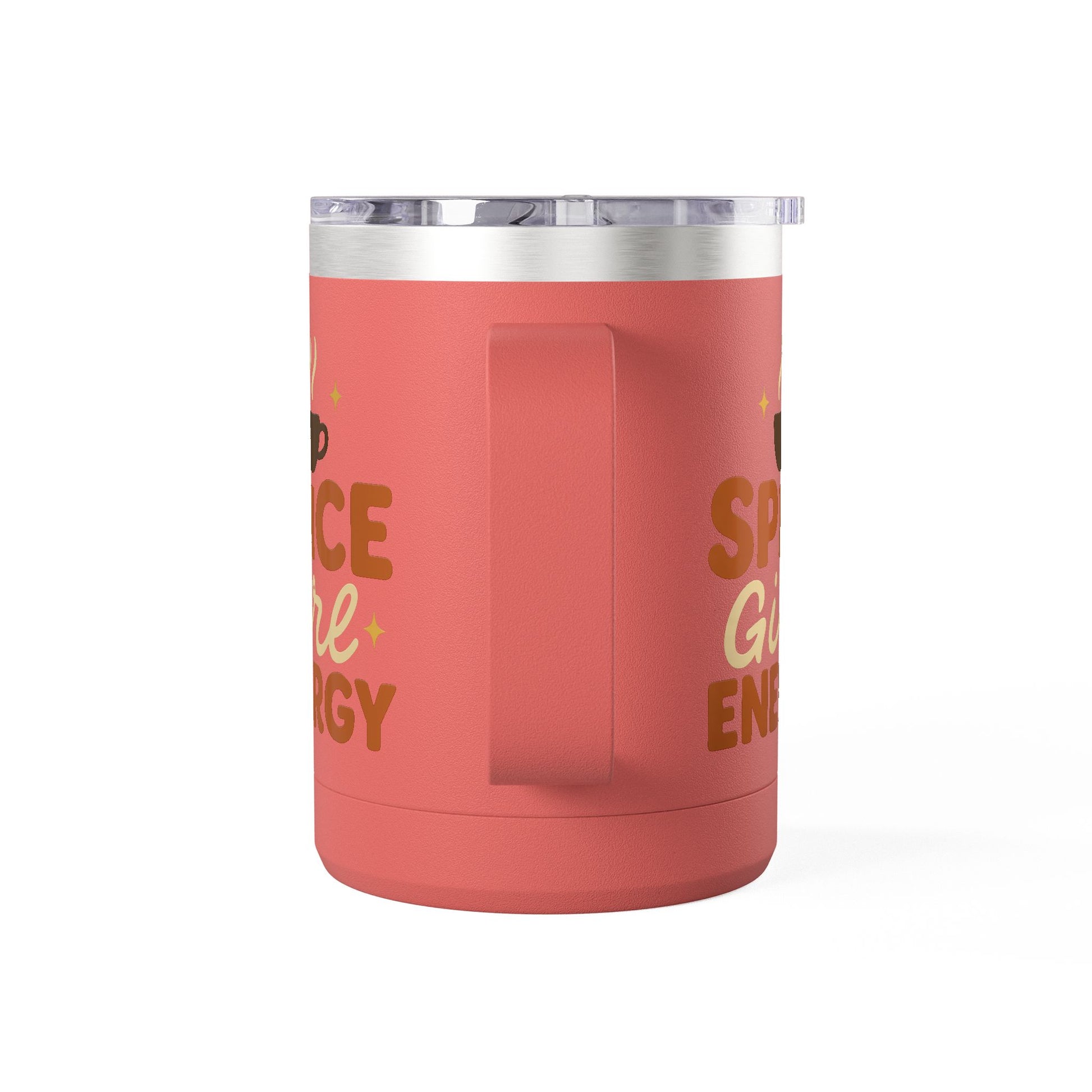 Side view of coral “Spice Girl Energy” insulated mug showing sturdy handle and playful text — cute fall drinkware for coffee or tea.