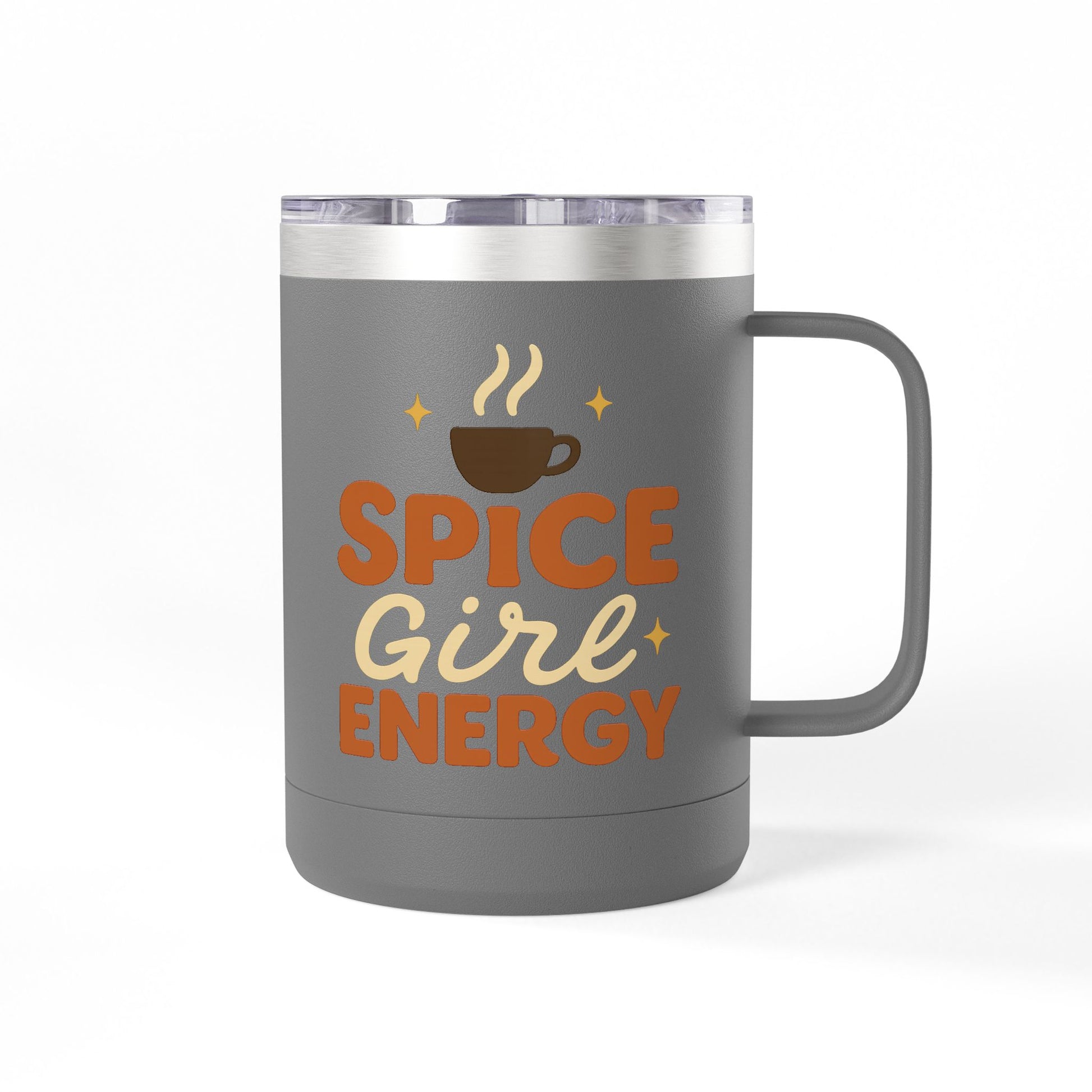Dark gray insulated coffee mug with “Spice Girl Energy” retro text and coffee icon — stainless steel mug for everyday coffee lovers.