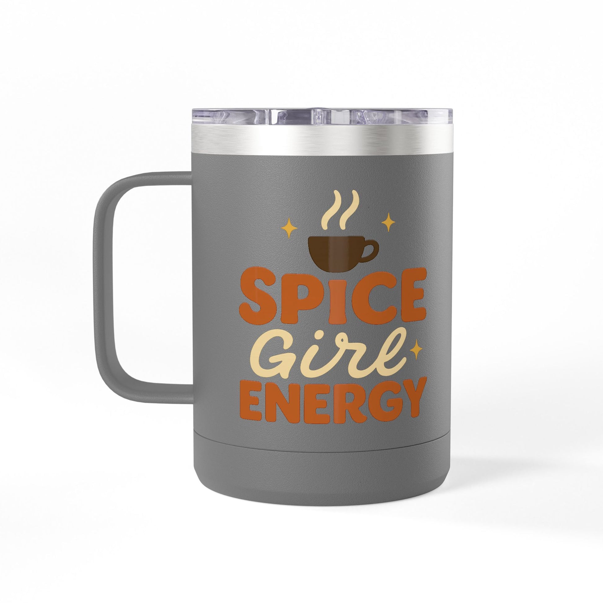 Front-facing dark gray “Spice Girl Energy” insulated mug with coffee cup and stars — modern and durable stainless steel drinkware.