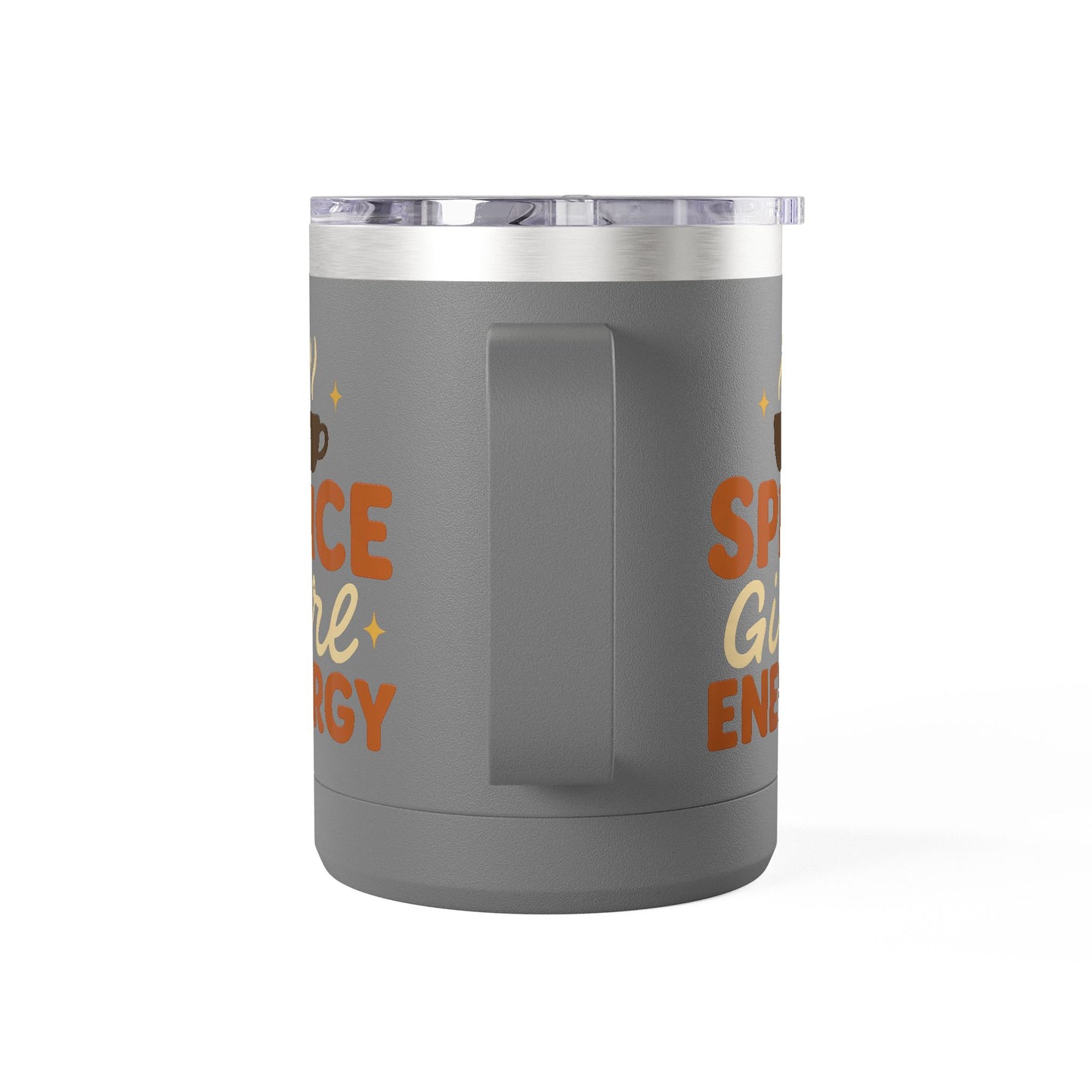 Side view of dark gray “Spice Girl Energy” insulated mug showing handle and sleek design — cozy reusable mug for hot drinks.