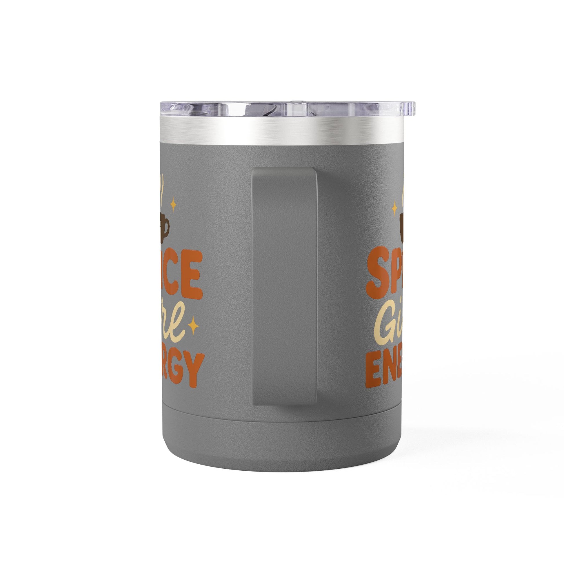 Side view of dark gray “Spice Girl Energy” insulated mug showing handle and sleek design — cozy reusable mug for hot drinks.
