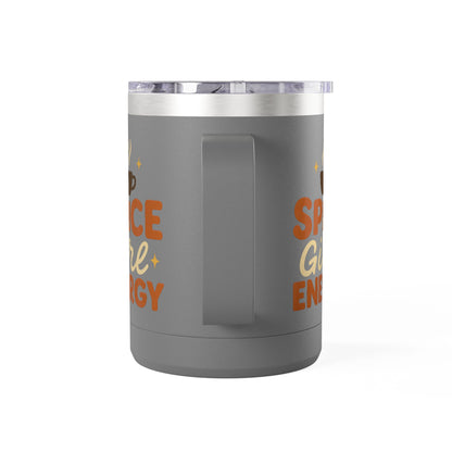 Side view of dark gray “Spice Girl Energy” insulated mug showing handle and sleek design — cozy reusable mug for hot drinks.