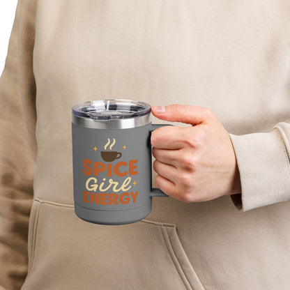 Person holding dark gray “Spice Girl Energy” insulated mug — chic stainless steel coffee mug for fall mornings and cozy vibes.