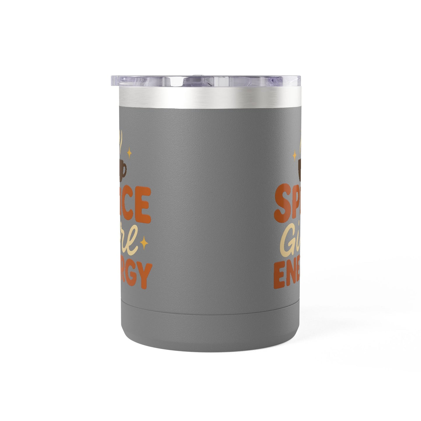 Dark gray insulated coffee mug with “Spice Girl Energy” retro text and coffee icon — stainless steel mug for everyday coffee lovers.