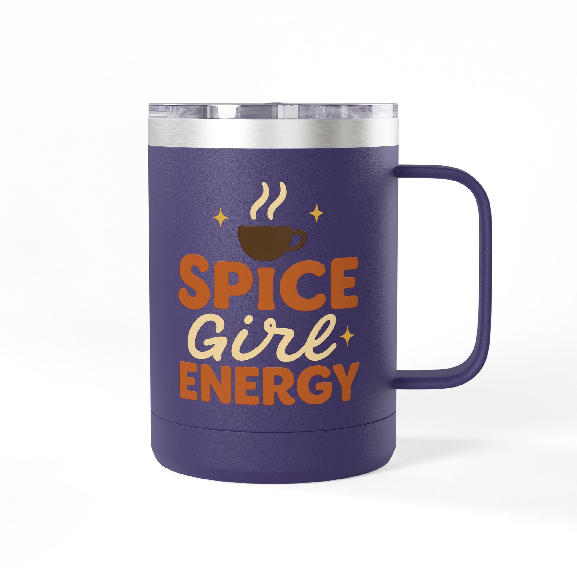 Dark purple insulated coffee mug with “Spice Girl Energy” text and steaming coffee design — retro fall mug for pumpkin spice lovers.