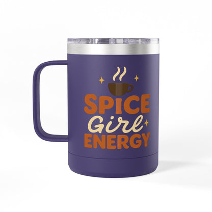 Front view of dark purple “Spice Girl Energy” insulated mug featuring coffee cup graphic — stylish and durable fall drinkware.