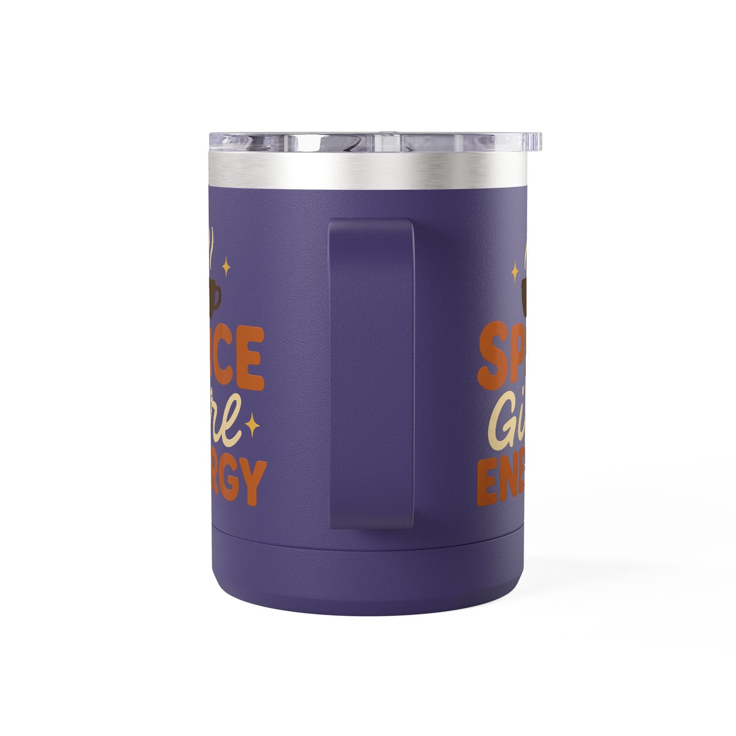 Side view of dark purple “Spice Girl Energy” mug showing handle and vibrant fall typography — cozy stainless-steel mug for hot drinks.