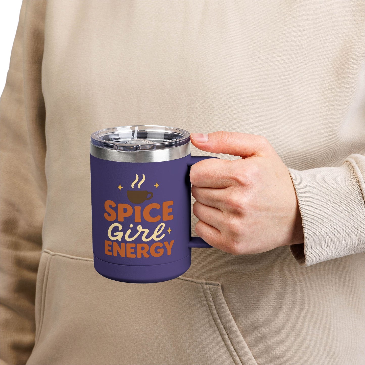 Person holding dark purple “Spice Girl Energy” insulated mug — cozy fall coffee cup for lattes, cappuccinos, and tea lovers.